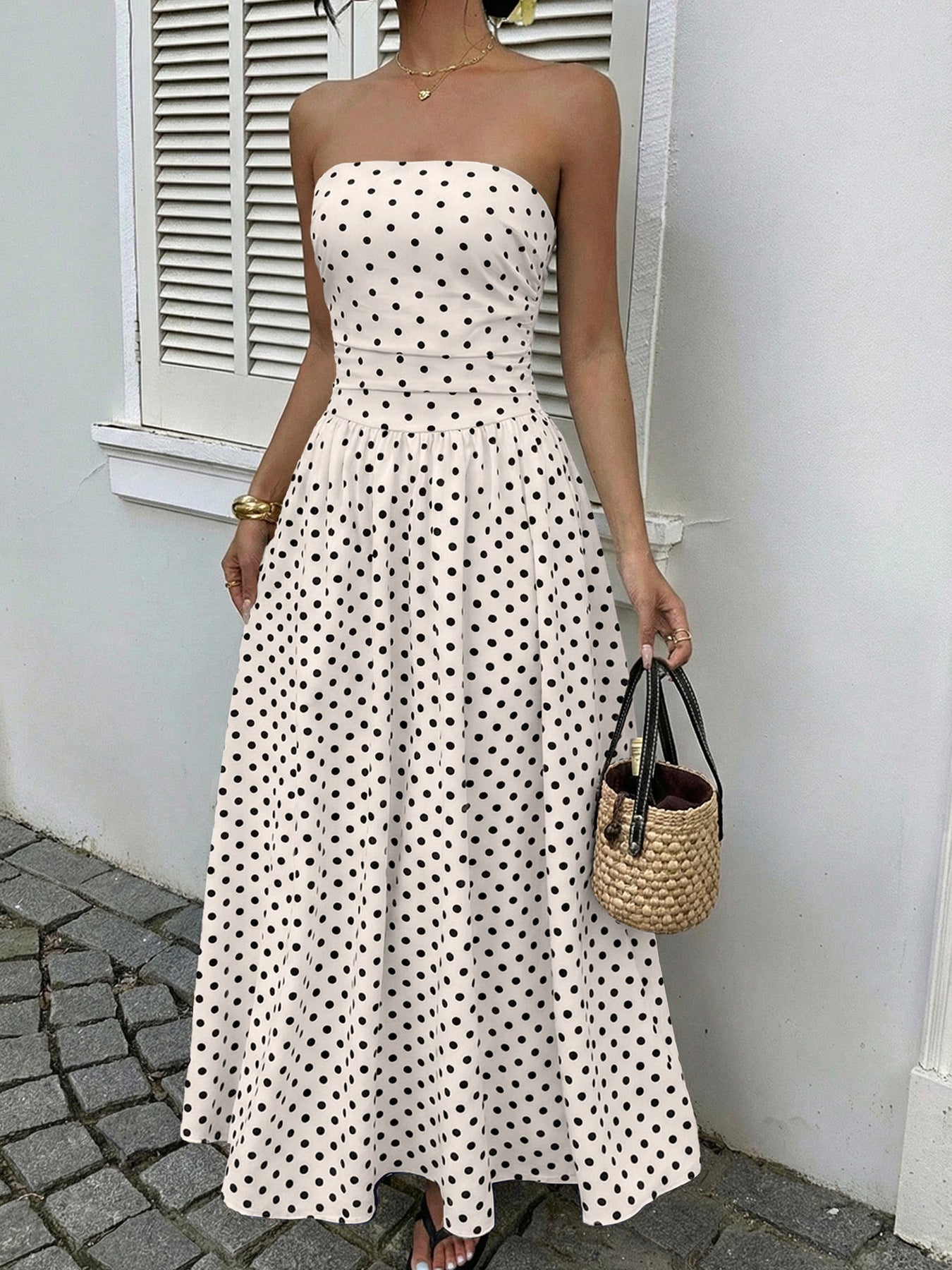 Retro Long Dress Sleeveless Tube Top Polka Dot Dress