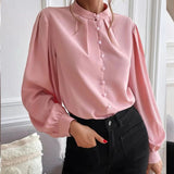 Solid color lapel long-sleeved button-up blouse shirt