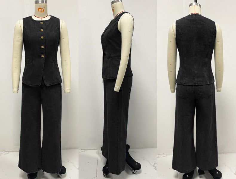 Women's Solid-color Loose Fashion Long-sleeve Denim Suit Wide-leg Pants