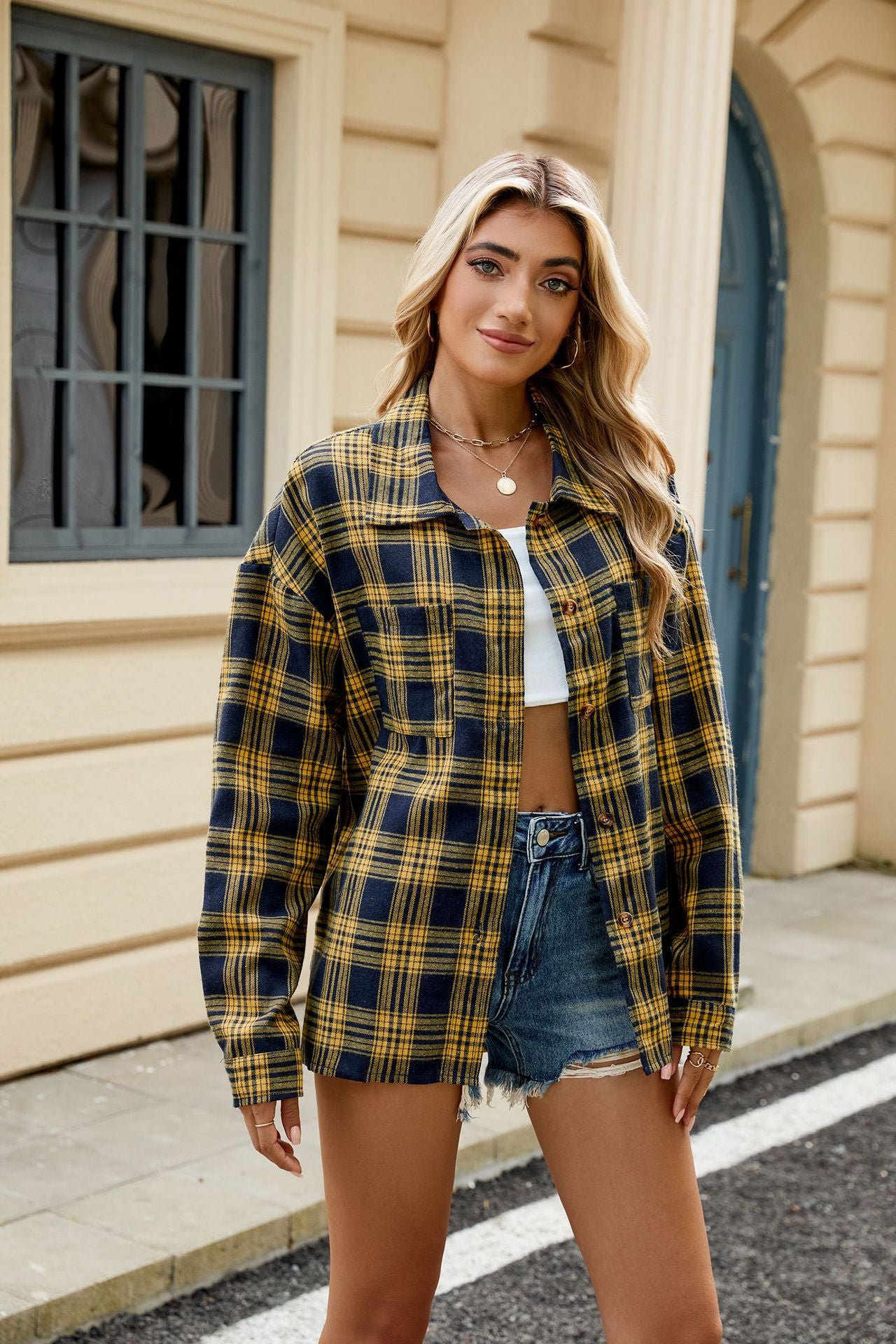 Lapel Long Sleeve Pocket Button Plaid Shirt Top Women