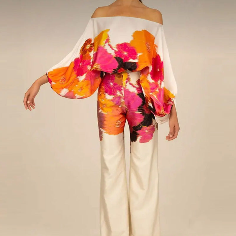 Elegant and Loose Bat Sleeve Print Fashion Set