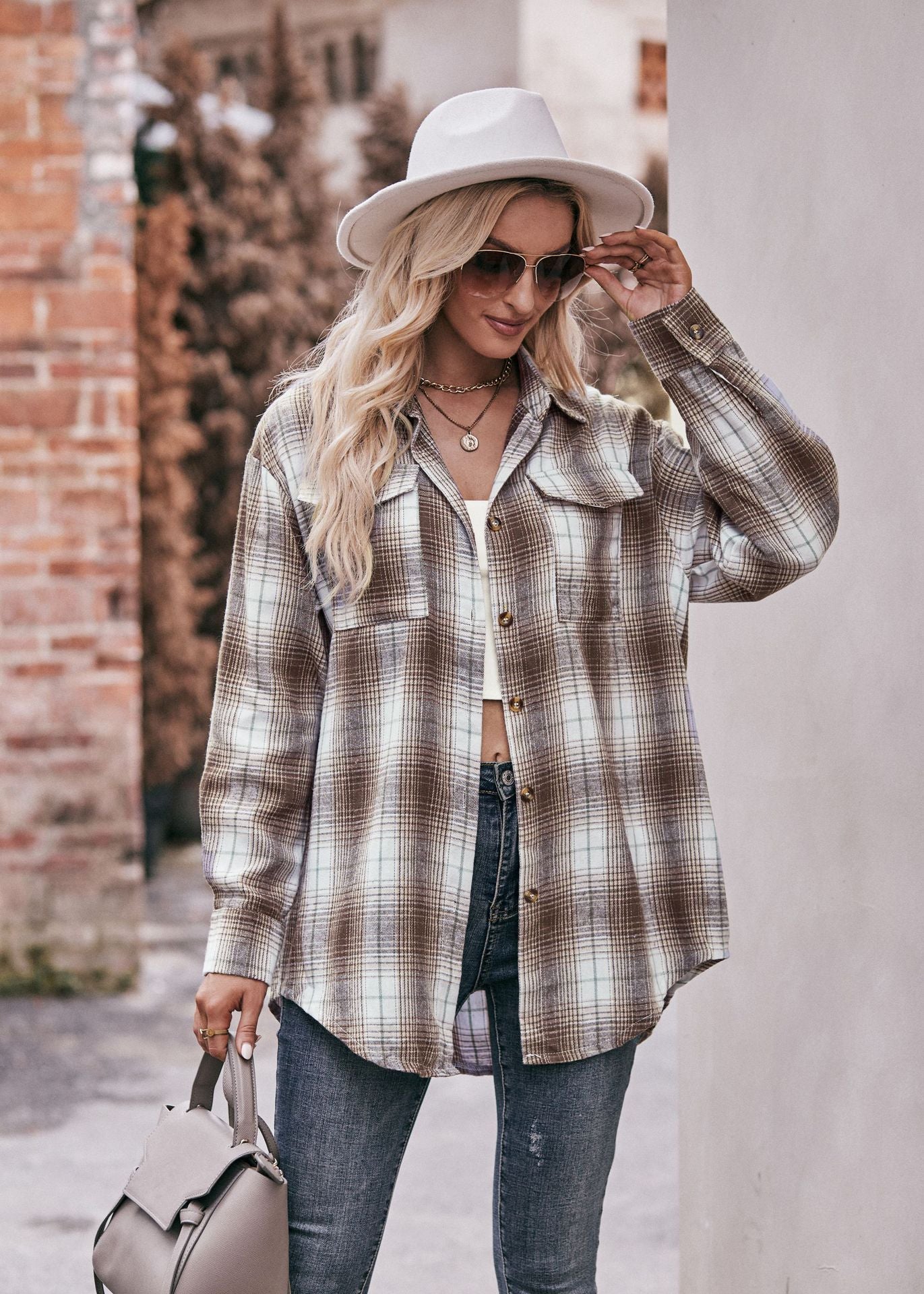 Women Oversize Loose Plaid Jacket with Pocket