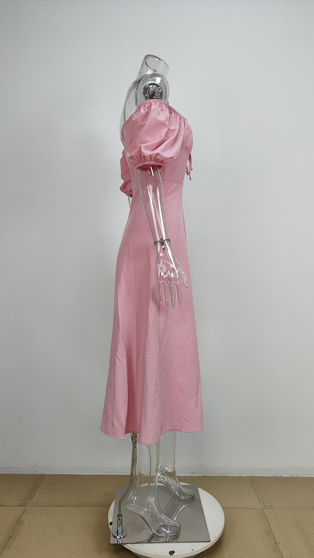 Women Solid Color Bubble Sleeve Strap Dress