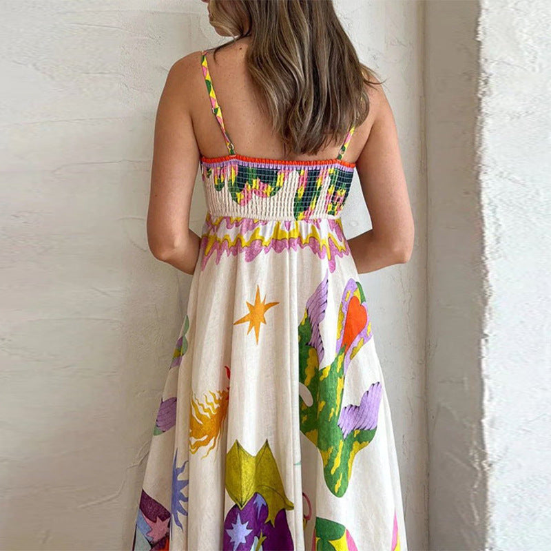 Elegant Printed High Waist Suspender Dress Long Dress