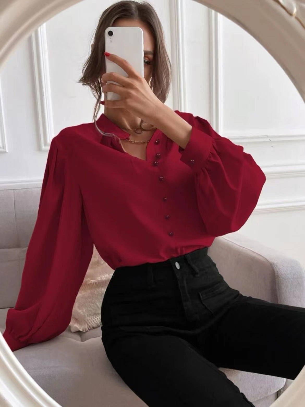 Solid color lapel long-sleeved button-up blouse shirt