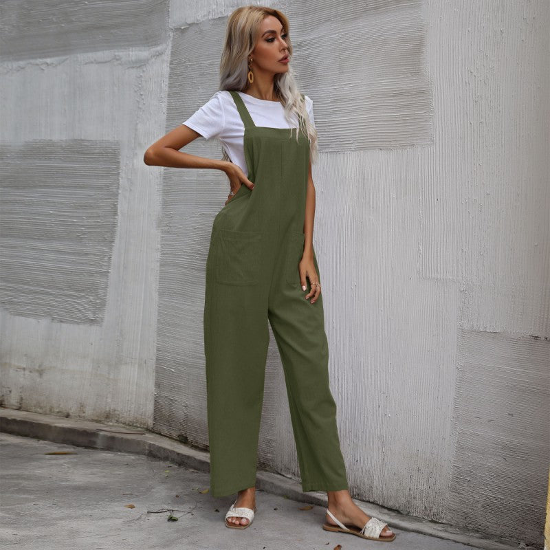 Casual Cotton and Linen Pocket Solid Color Sleeveless Jumpsuit