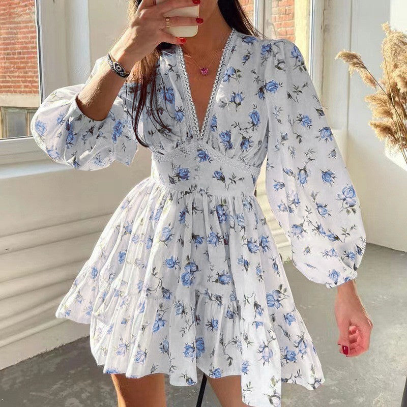 Women Elegant V-neck Floral Slim-fit Dress Short