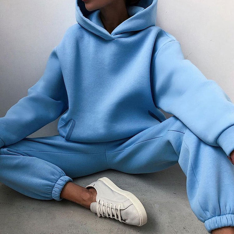 Women Fashion Casual Sports Solid Color Hooded Set
