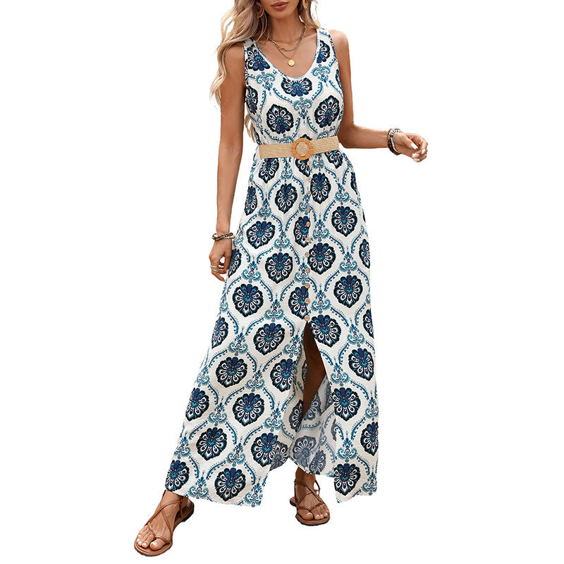 Printed Sleeveless Split Waist Dress