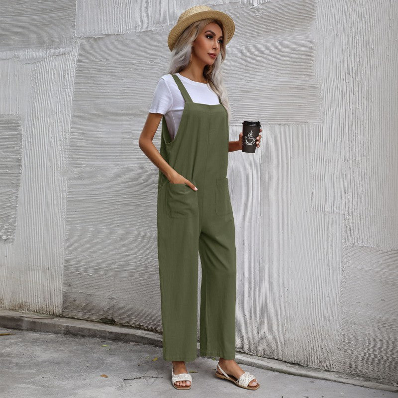 Casual Cotton and Linen Pocket Solid Color Sleeveless Jumpsuit
