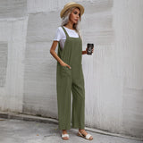 Casual Cotton and Linen Pocket Solid Color Sleeveless Jumpsuit