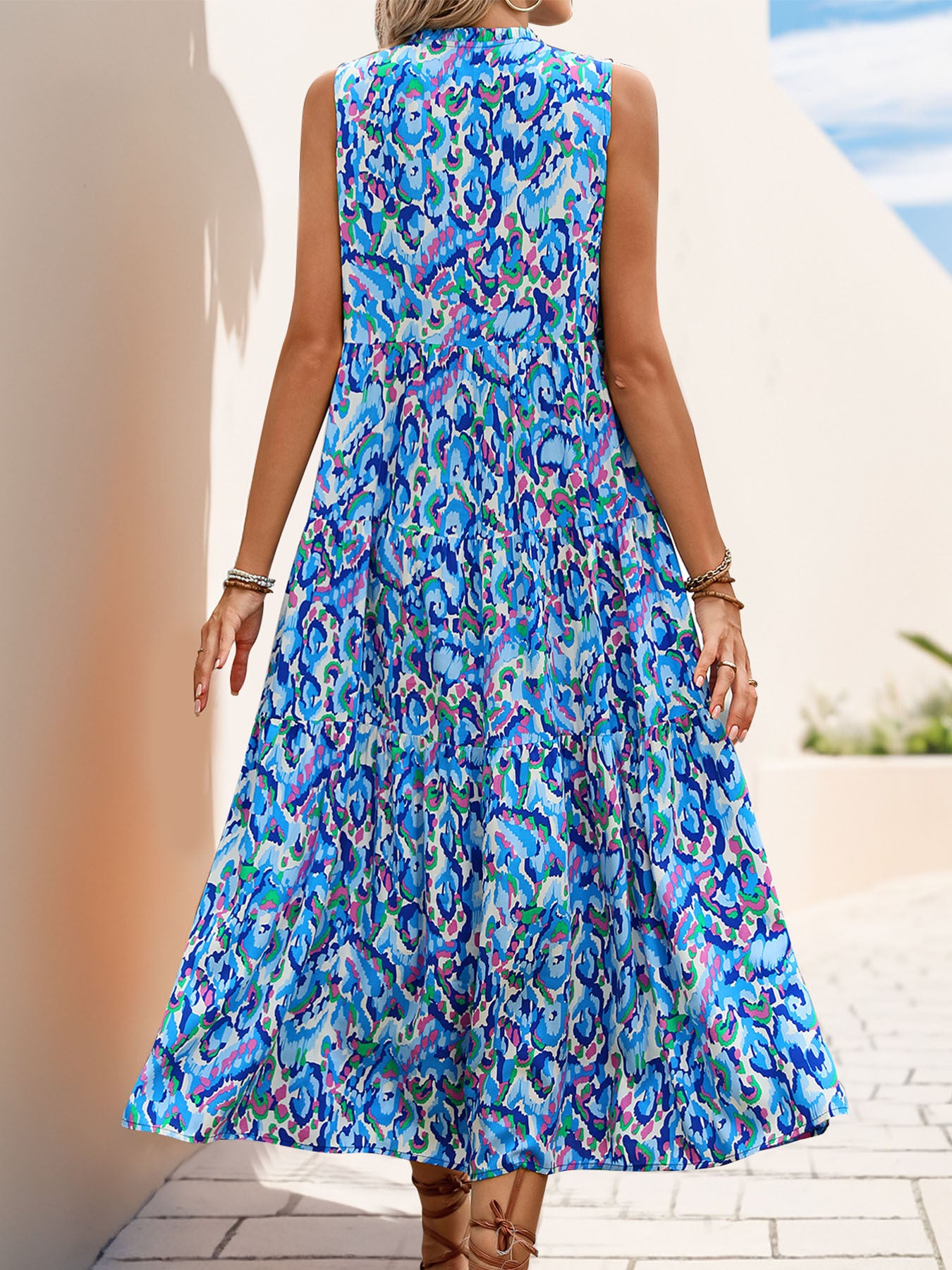 Sleeveless V-neck Fringed Print Dress for Women
