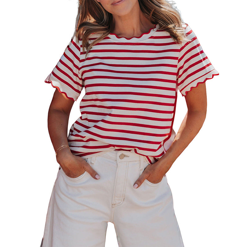 Womens Short Sleeve Top Ruffle Striped T-Shirt