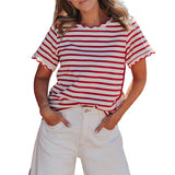 Womens Short Sleeve Top Ruffle Striped T-Shirt