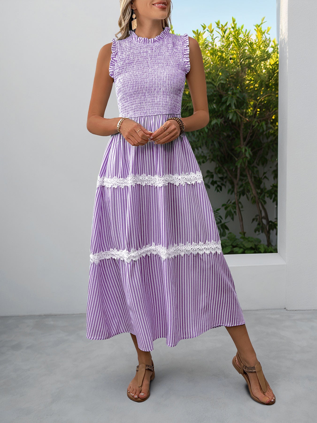 Casual Women's Lace Sleeveless Striped Dress