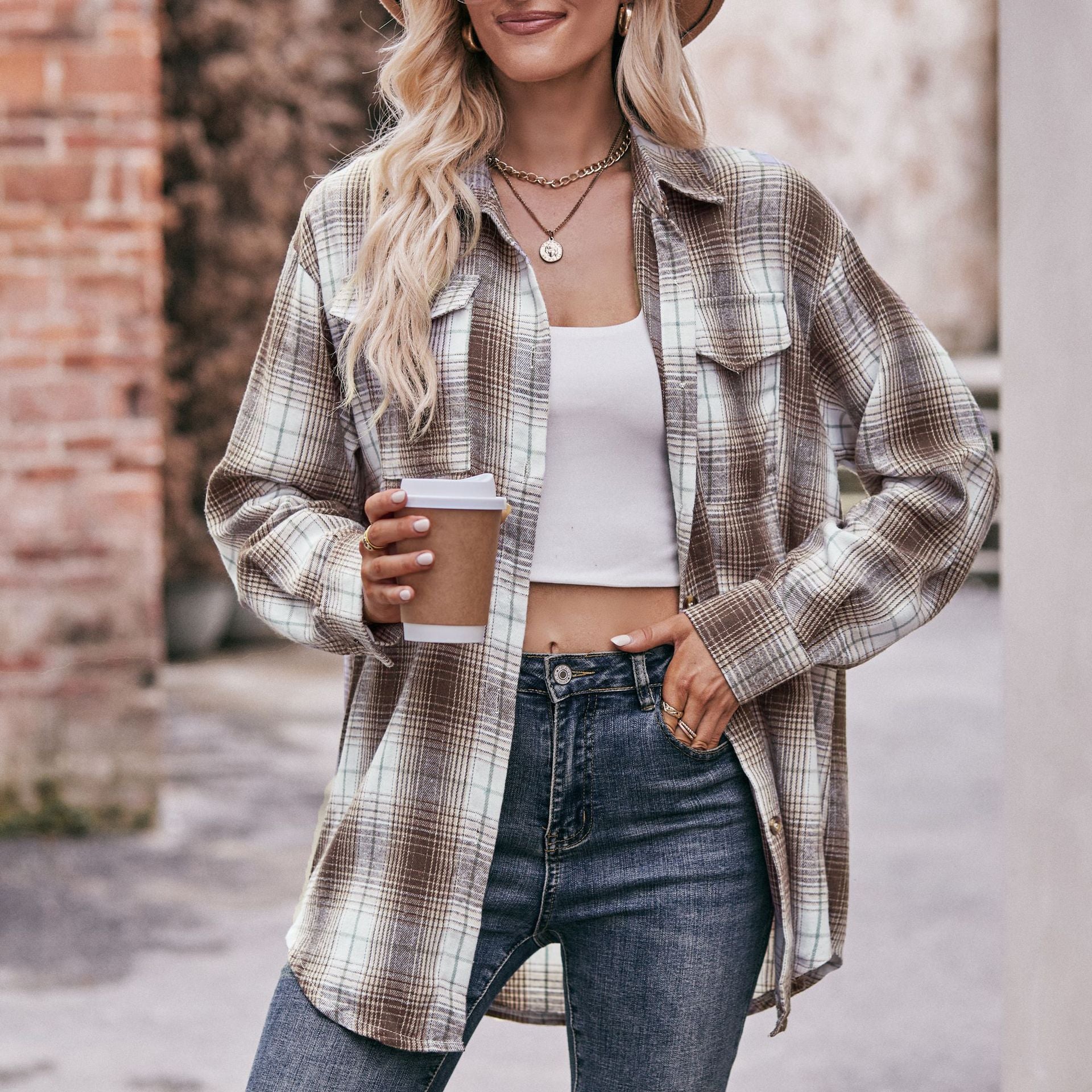 Women Oversize Loose Plaid Jacket with Pocket