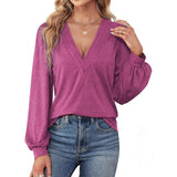 Women's Shirt V-Neck Loose Casual Long Sleeve Top