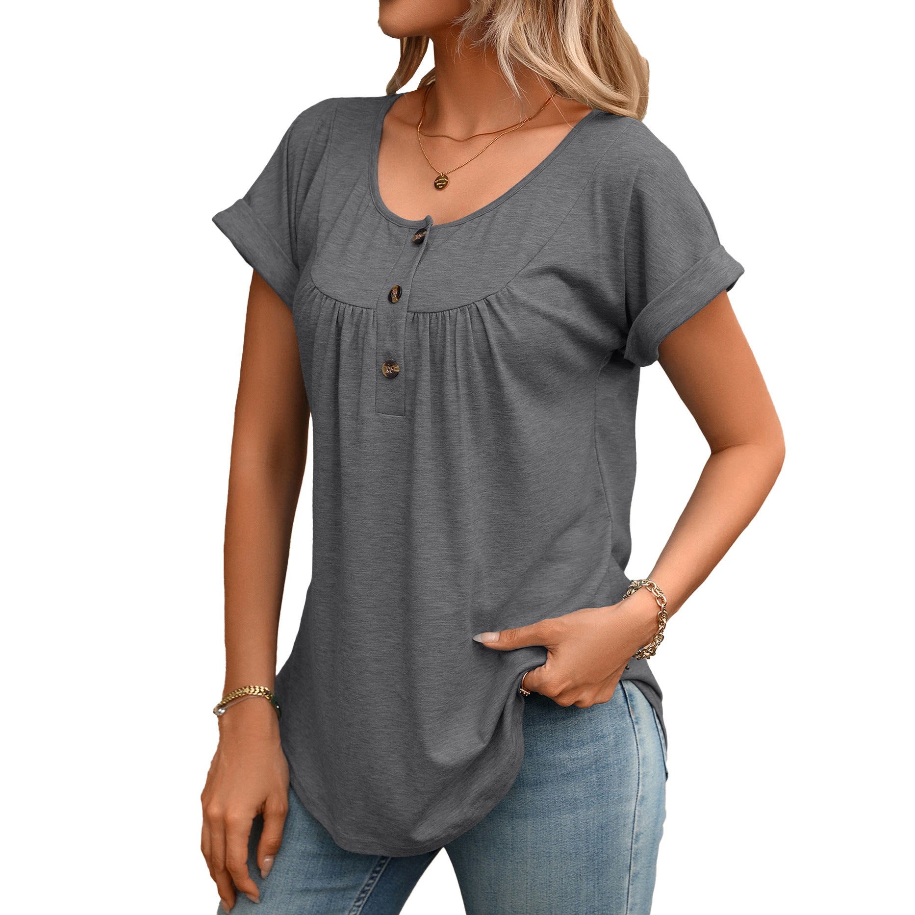 Women Solid Color Crew Neck Button Short Sleeve T-Shirt