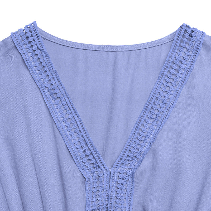 Women's Short-sleeved V-neck Solid Color Dress
