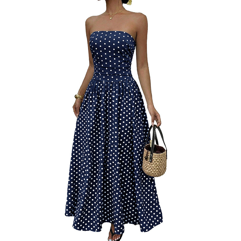 Retro Long Dress Sleeveless Tube Top Polka Dot Dress