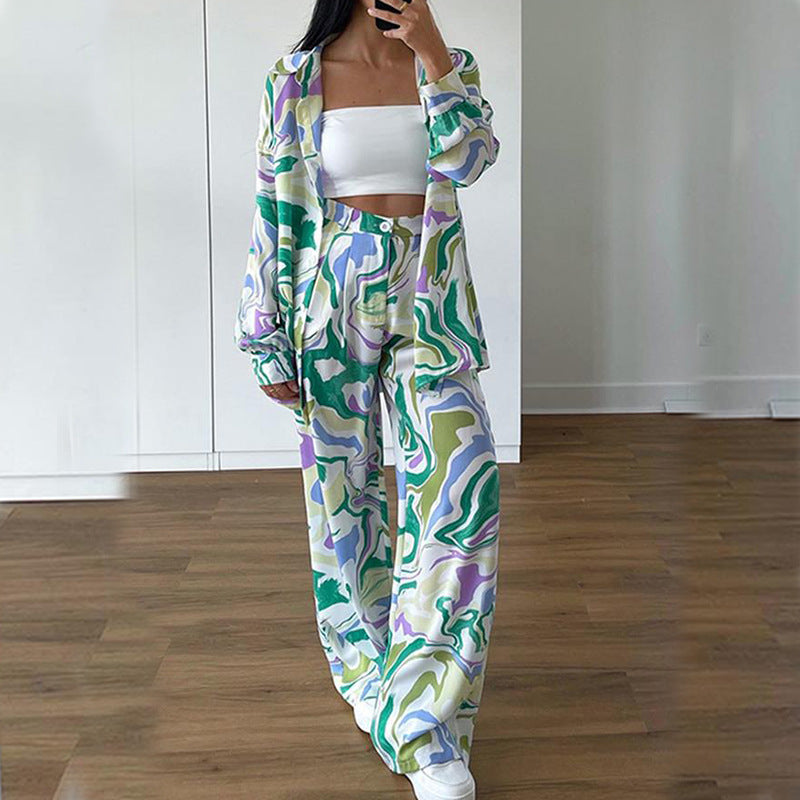 Fashion Loose Printed Wide Leg Pants Casual Suit