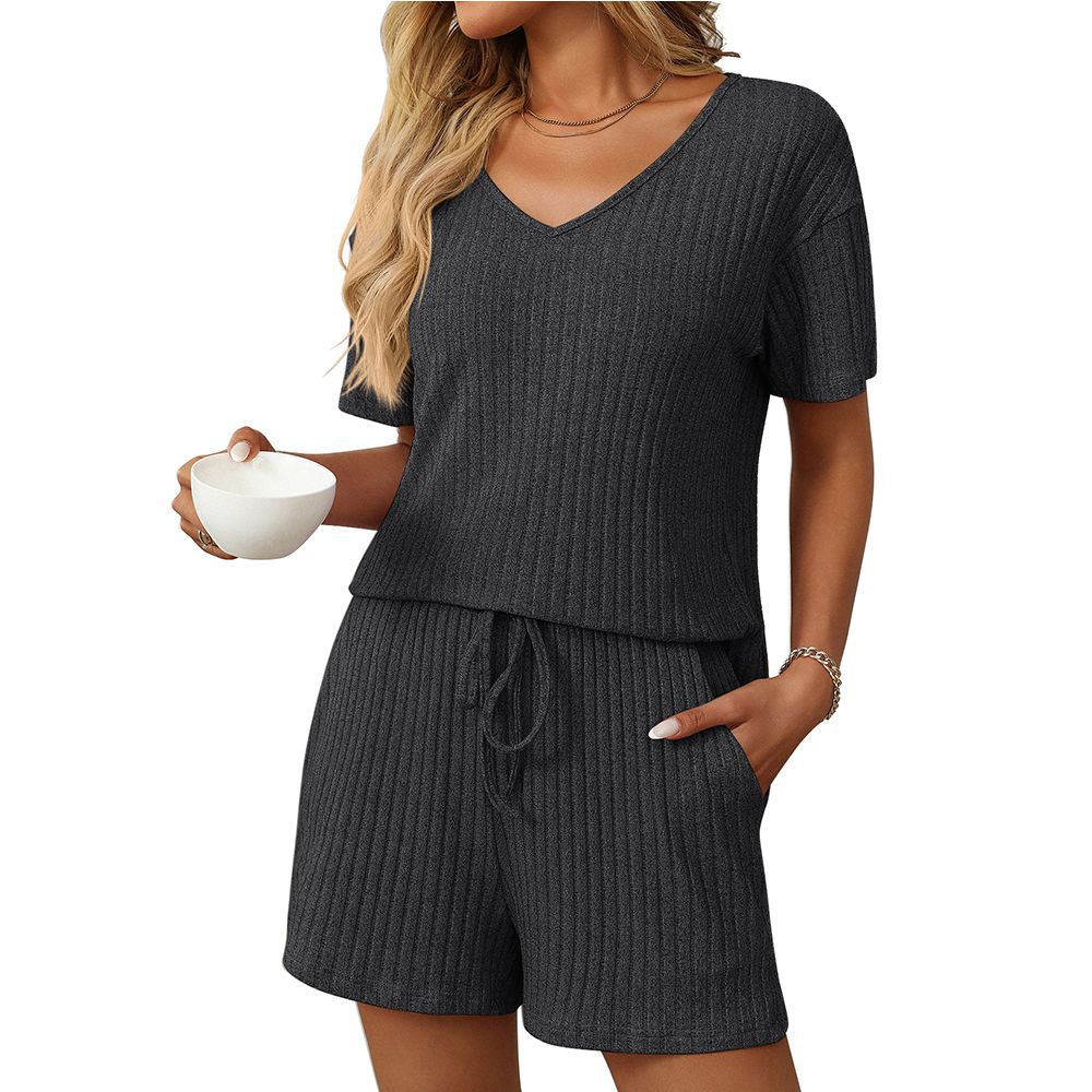 Solid Color Pit Strip Pajamas Short-sleeved Loungewear Set