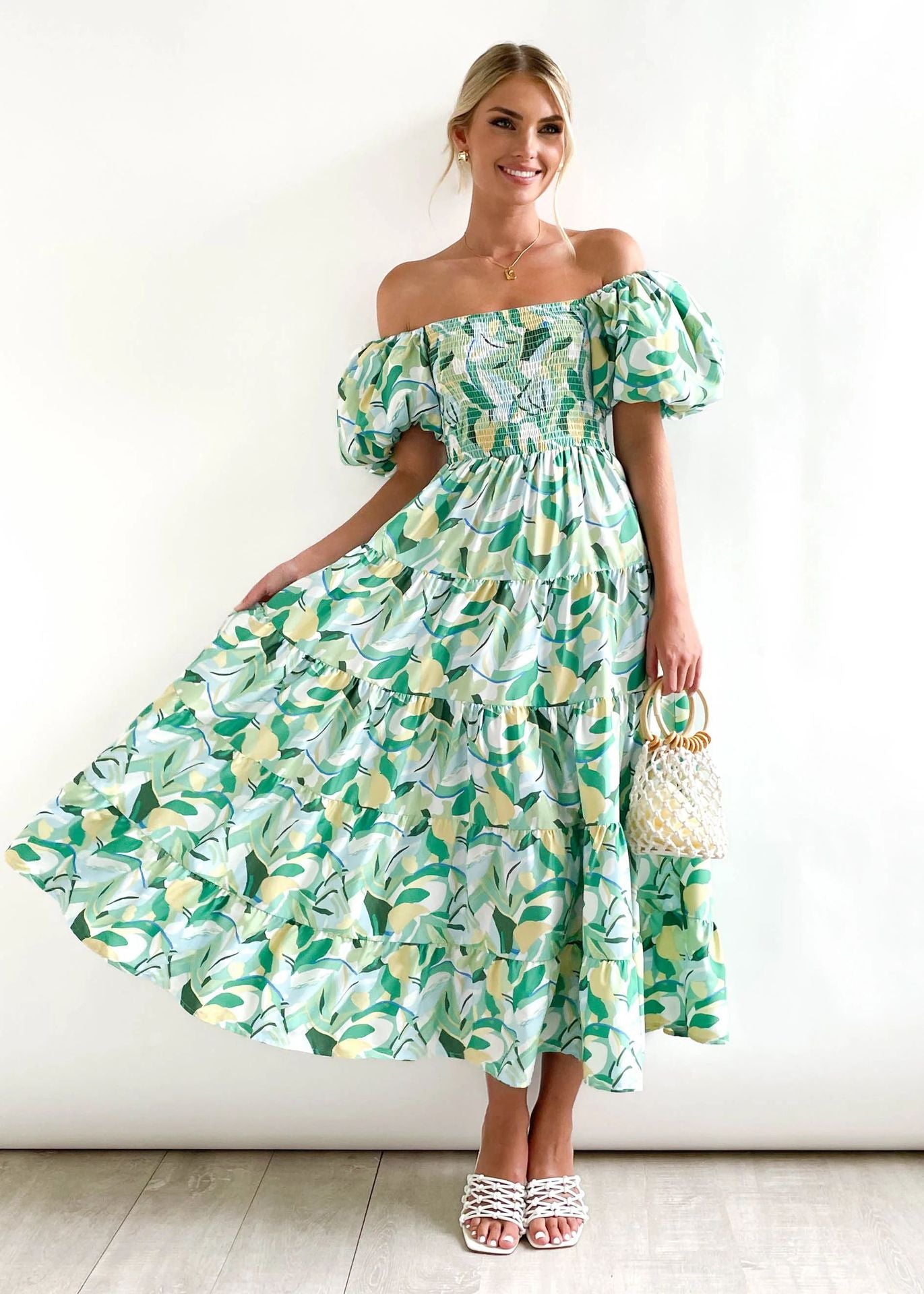 Offshoulder Printed Bubble Sleeve Dress for Women