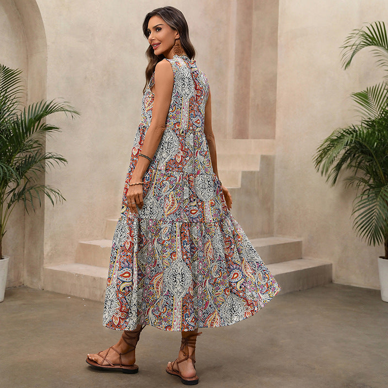 Vintage Fringed Sleeveless Print Dress