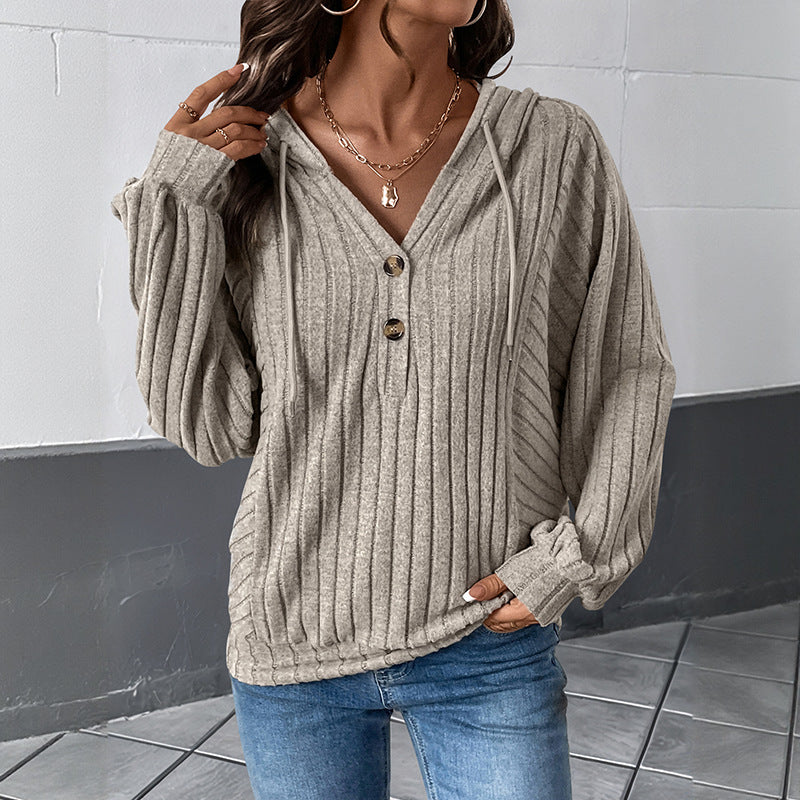 Women Casual Hooded Solid Color Knitted Sweater