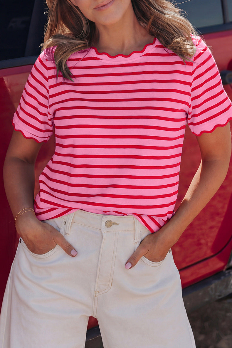 Womens Short Sleeve Top Ruffle Striped T-Shirt
