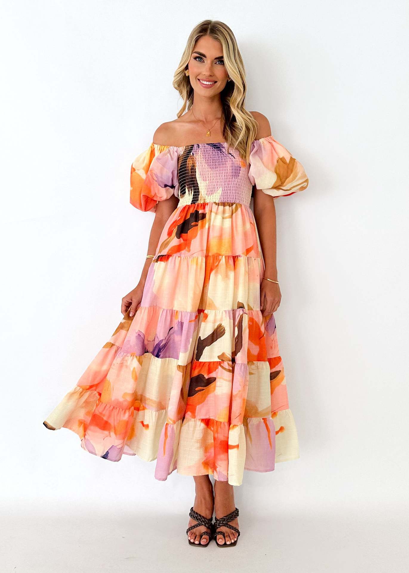 Offshoulder Printed Bubble Sleeve Dress for Women