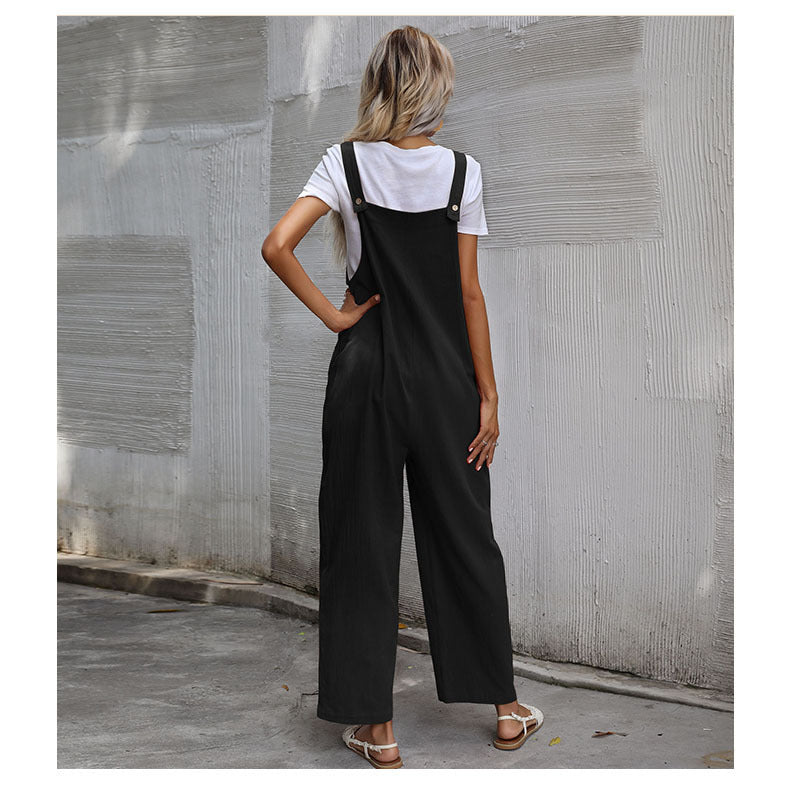 Casual Cotton and Linen Pocket Solid Color Sleeveless Jumpsuit