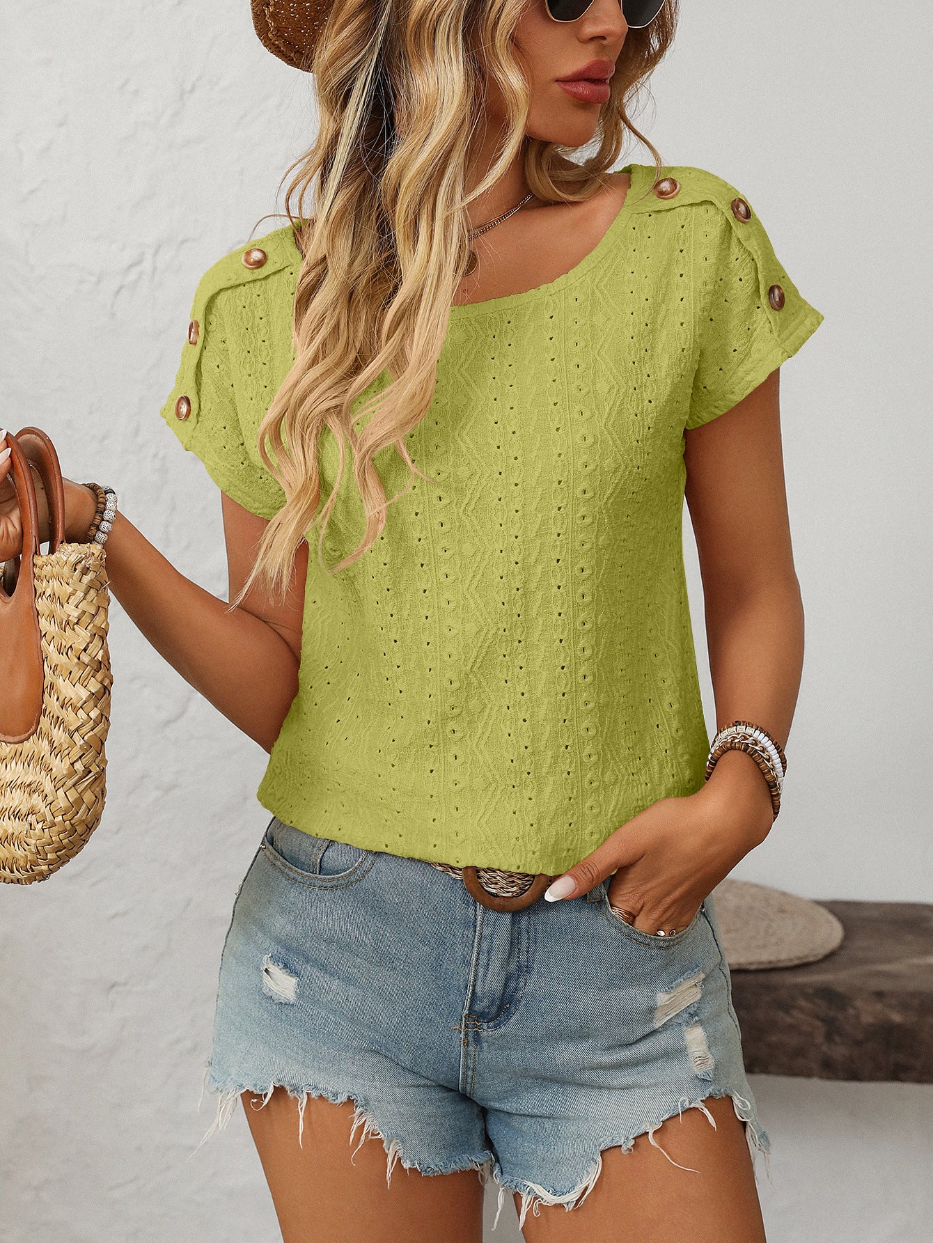 Women's Solid Color Crew Neck Button Short Sleeve T-Shirt Top