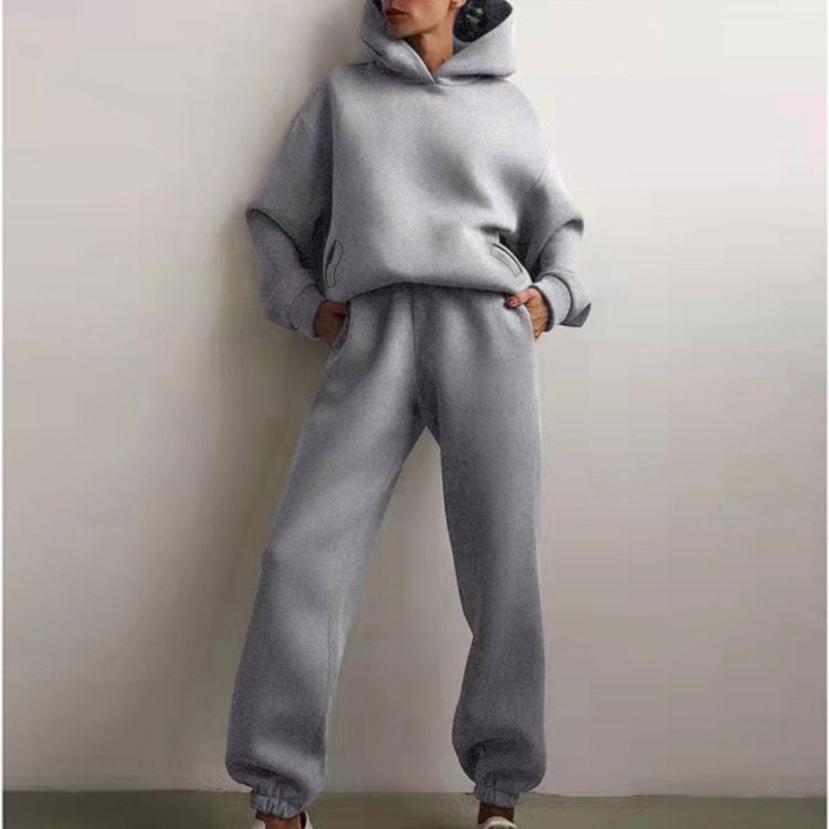 Women Fashion Casual Sports Solid Color Hooded Set