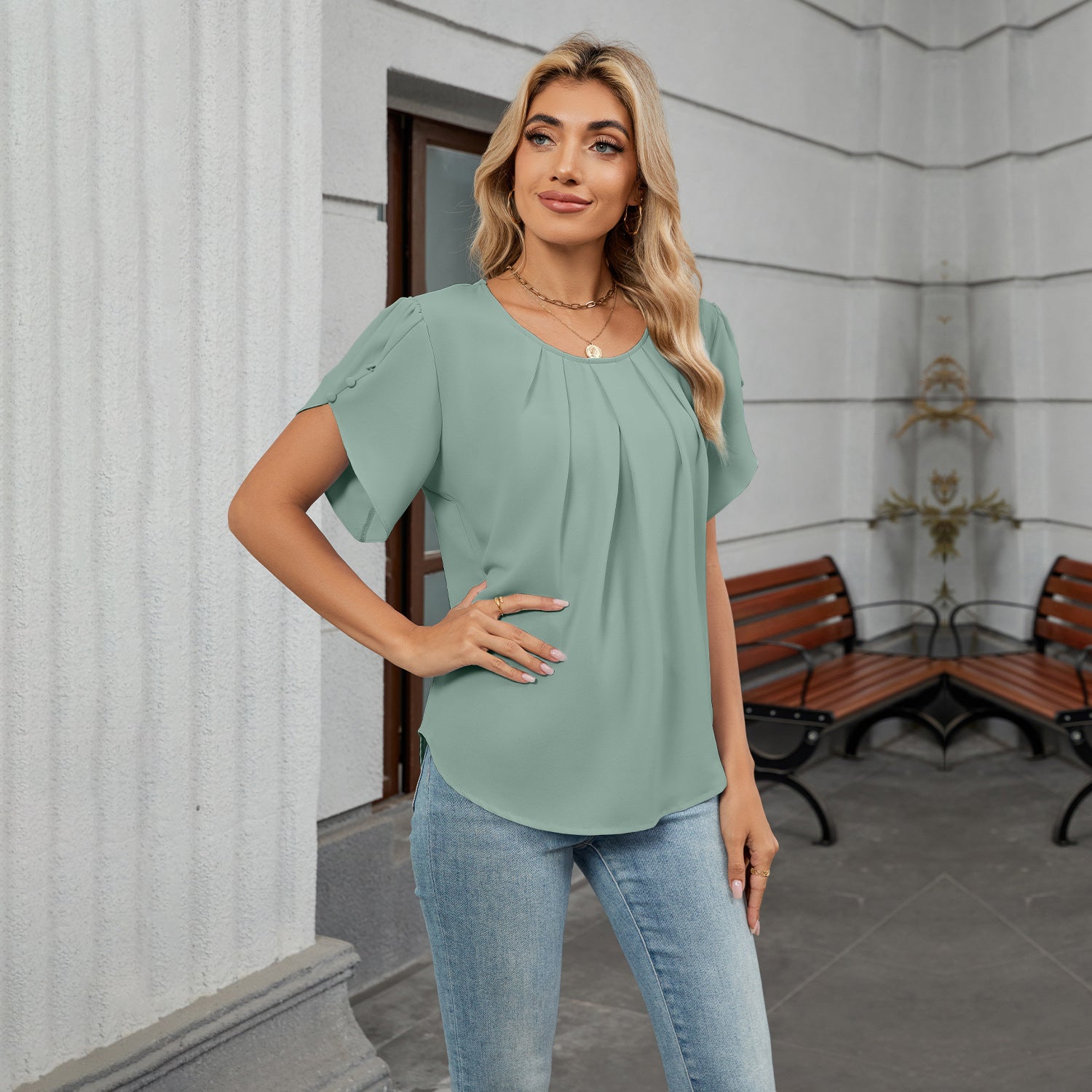Women Crew Neck Short Sleeve Pleated Loose Chiffon Top