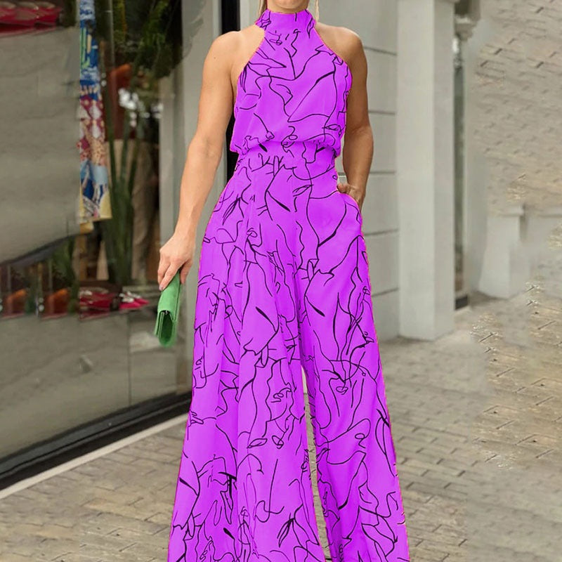 Fashion Sexy Printed Sleeveless Wide Leg Jumpsuit Trousers