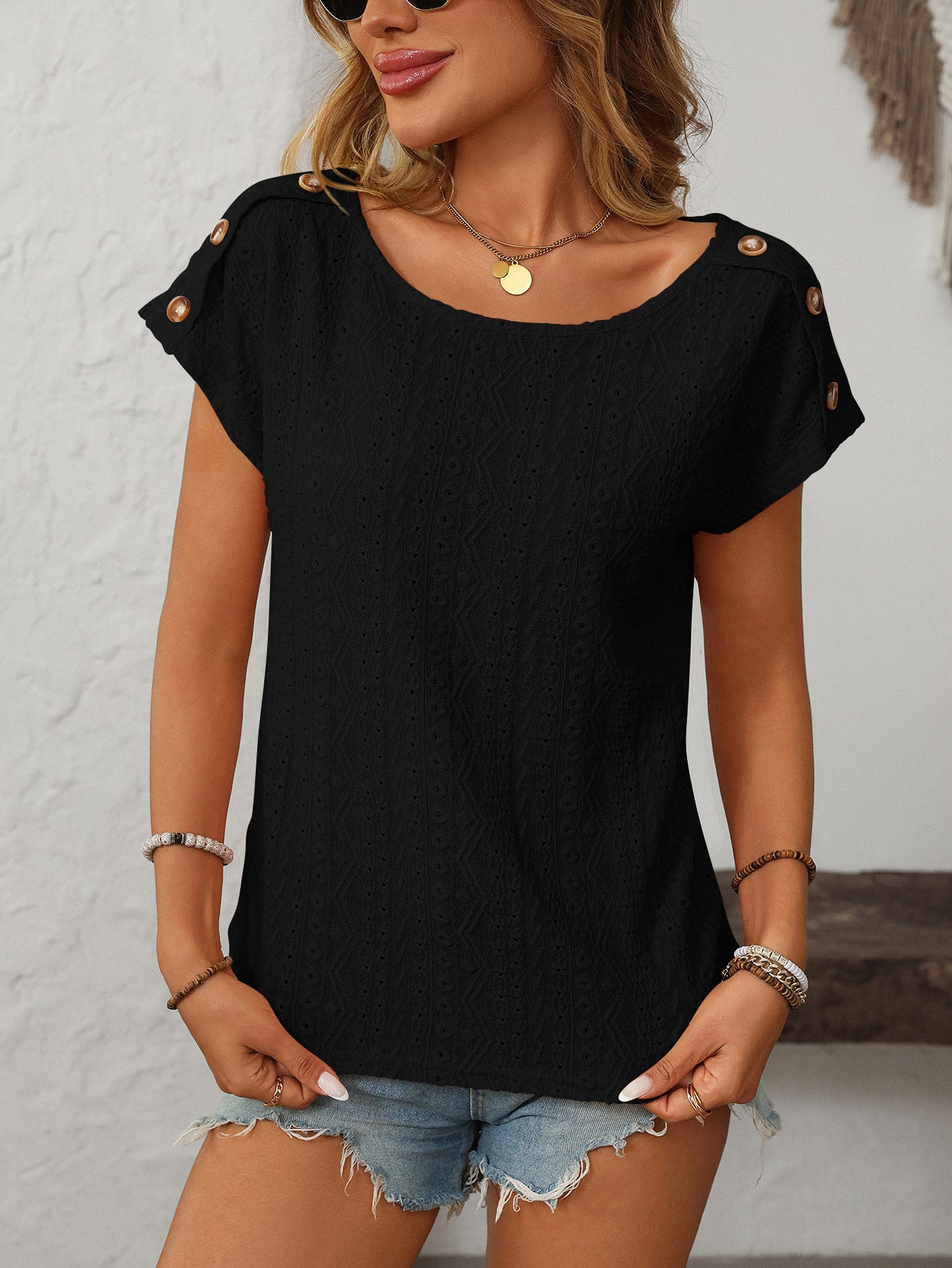 Women's Solid Color Crew Neck Button Short Sleeve T-Shirt Top