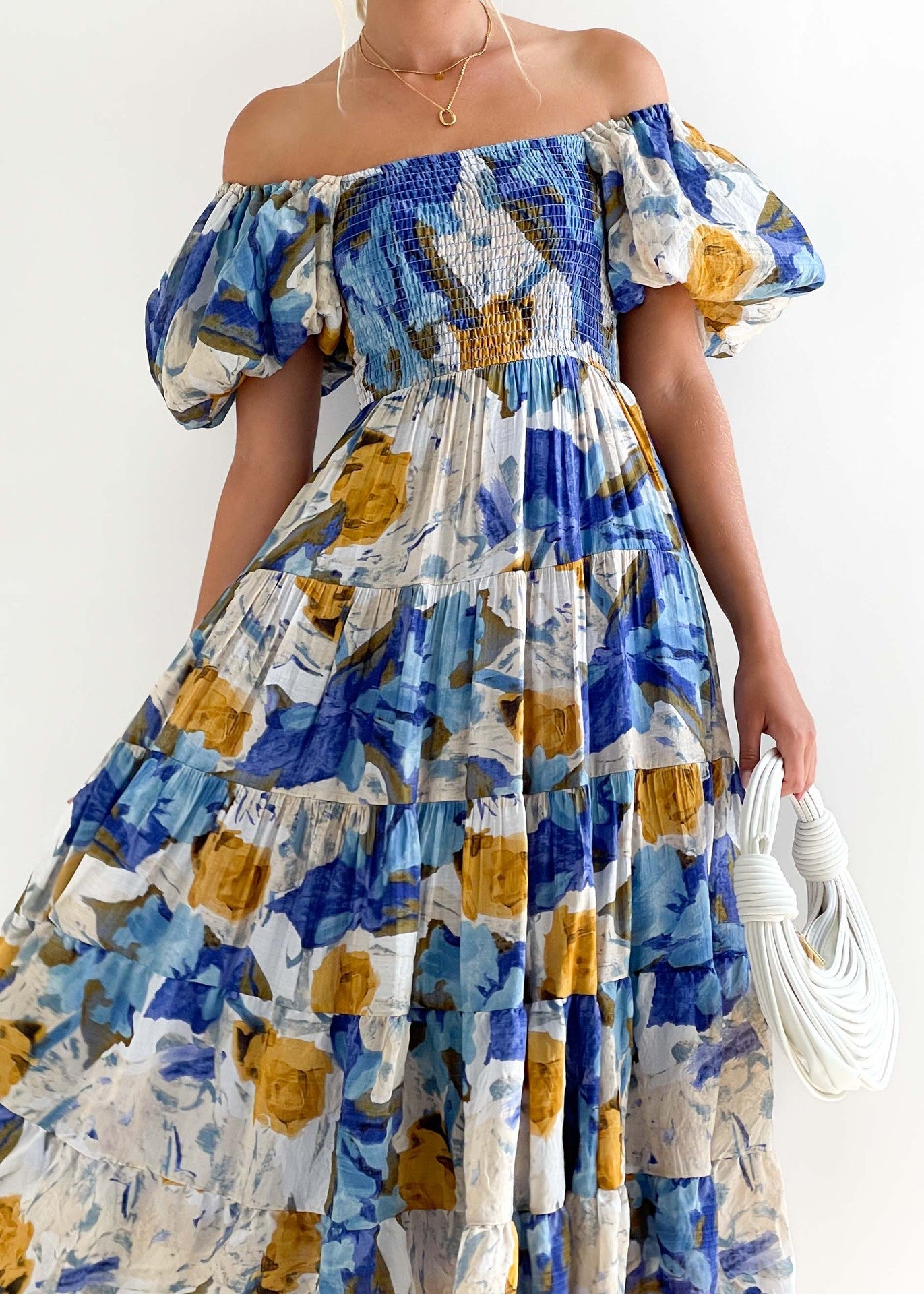 Women Bubble Sleeve Holiday Skinny Long Dress High Waist Shoulder Print Dress