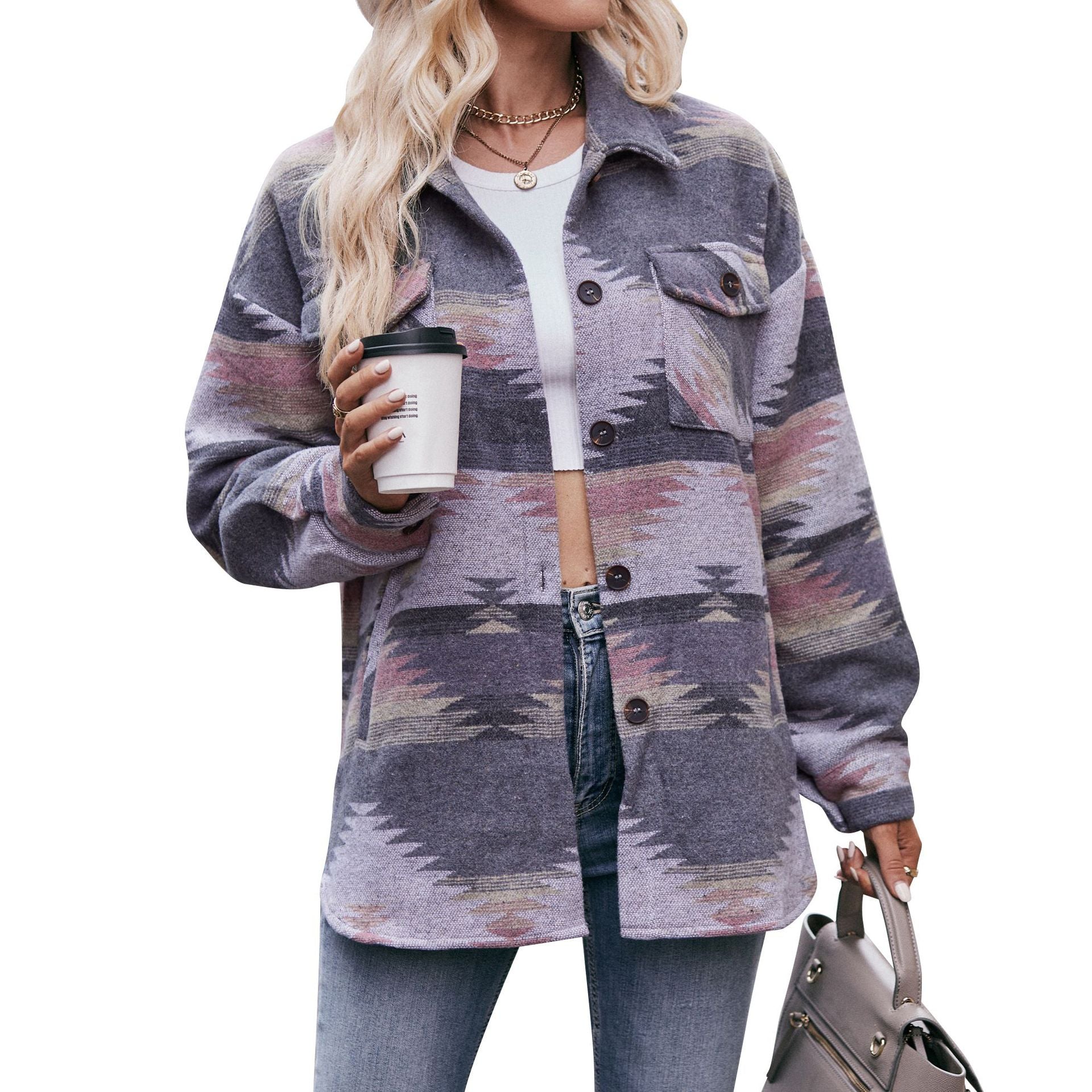 Women's AZTEC Geometric Jacket Shirt Lapel Woolen Jacket