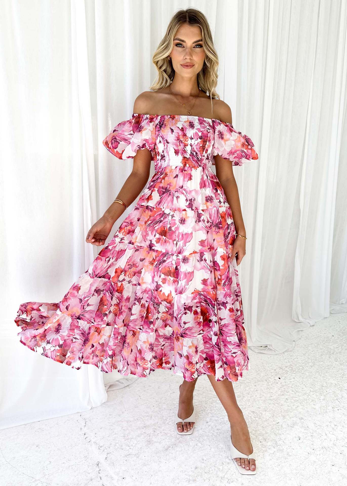 Offshoulder Printed Bubble Sleeve Dress for Women