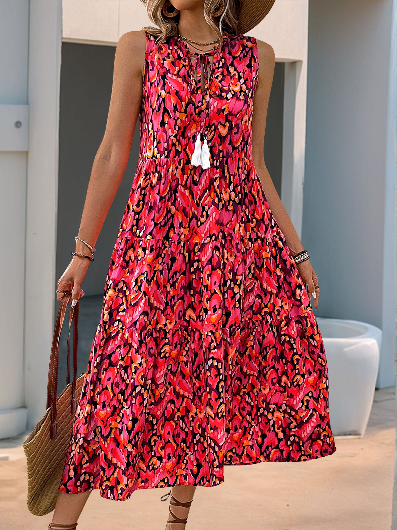 Sleeveless V-neck Fringed Print Dress for Women