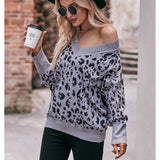 Women V-neck Off-the-shoulder Leopard Print Pullover Loose Fashion Sweater