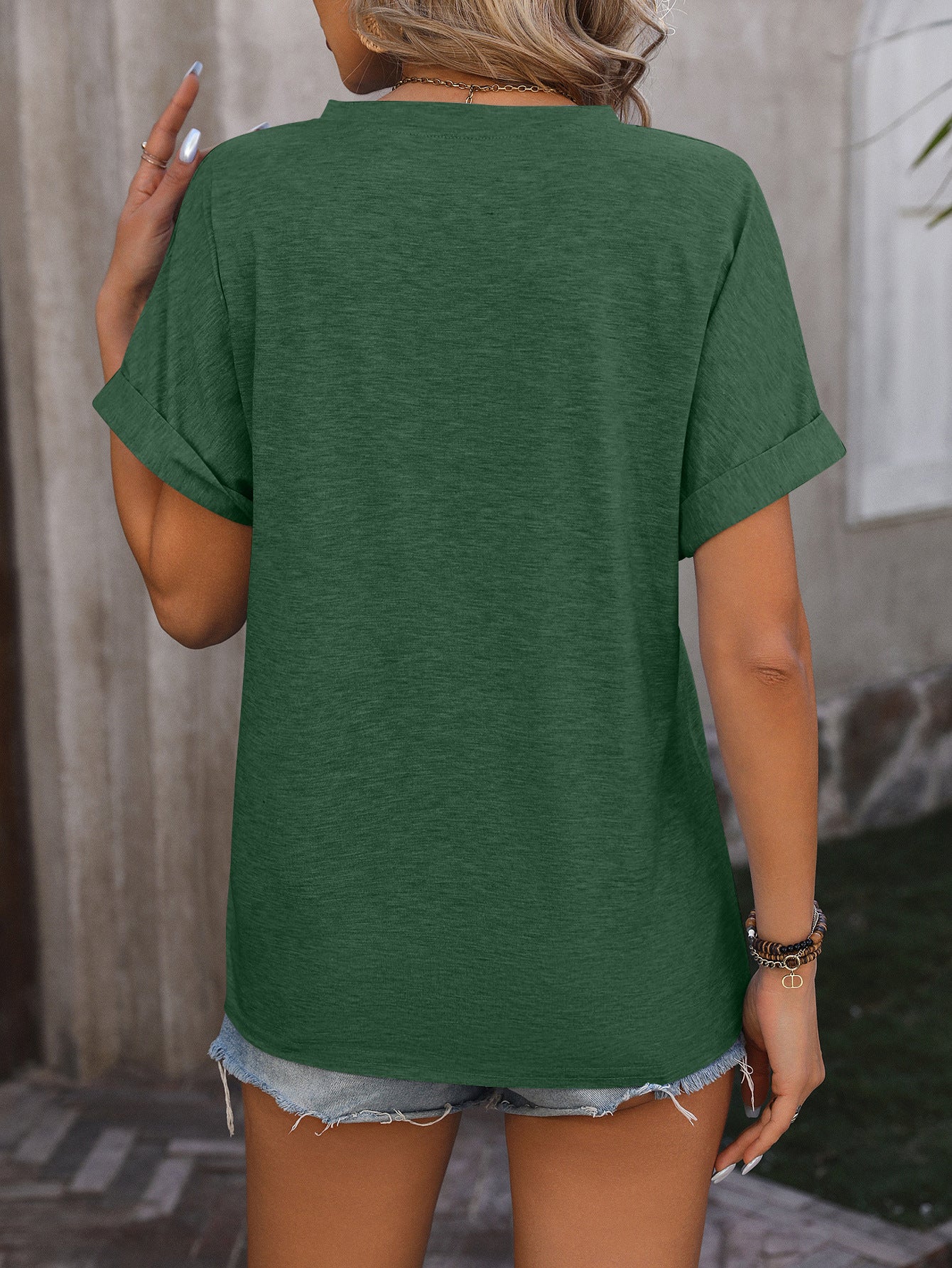 Summer V-neck Button Solid Color Cotton Loose Short-sleeved T-shirt Women