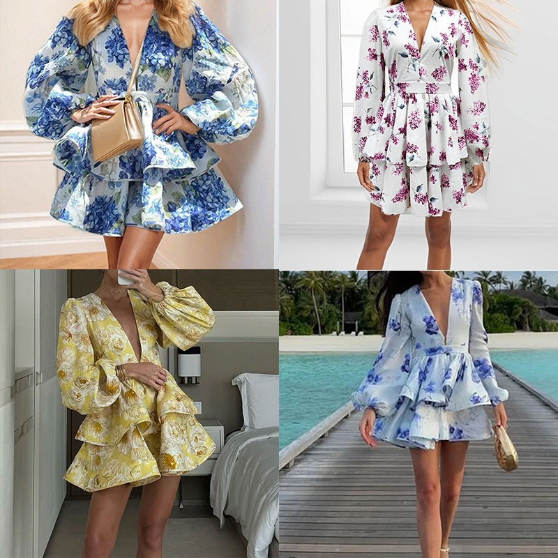 Women's Elegant Fashion V-neck Bubble Sleeve Ruffle Edge Dress