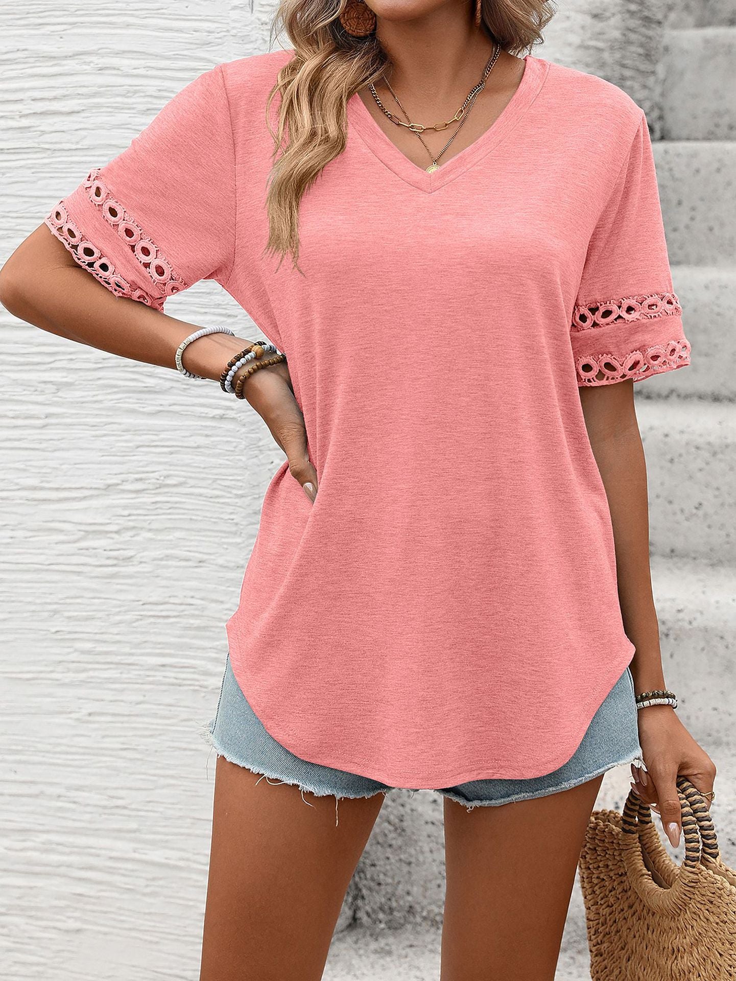 Women Solid Color V-Neck Lace Splicing Short Sleeve Loose T-Shirt Top