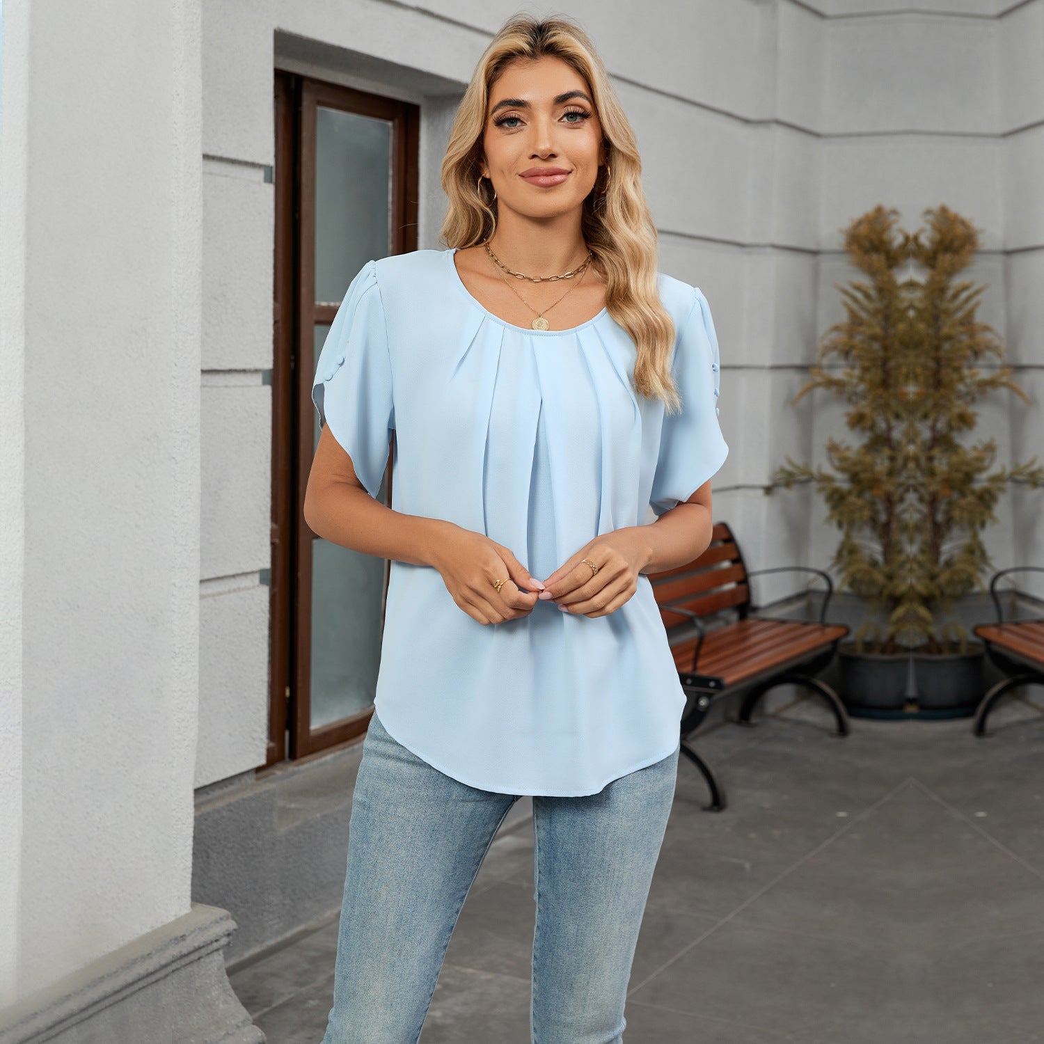 Women Crew Neck Short Sleeve Pleated Loose Chiffon Top