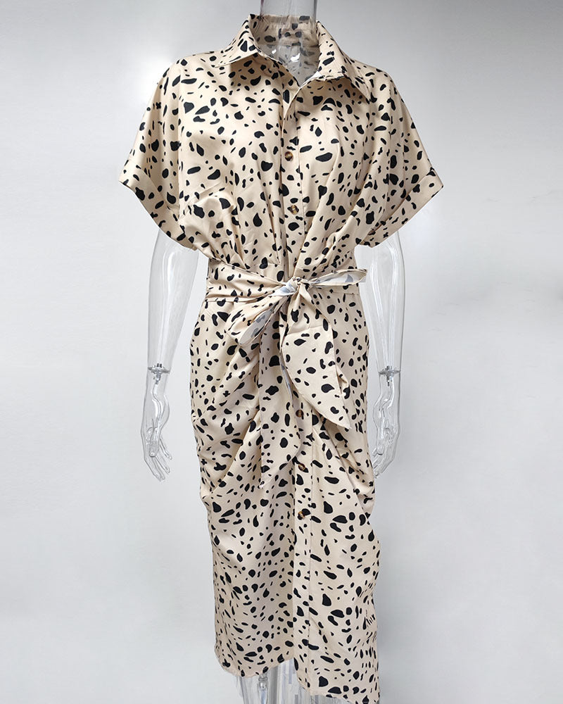 Elegant Short Sleeve Printed High Waist Dress Long Dress