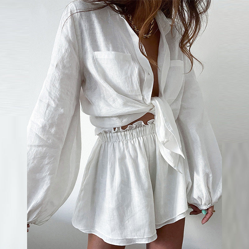Women's Casual Solid Color Ruffle Shirt Shorts Set