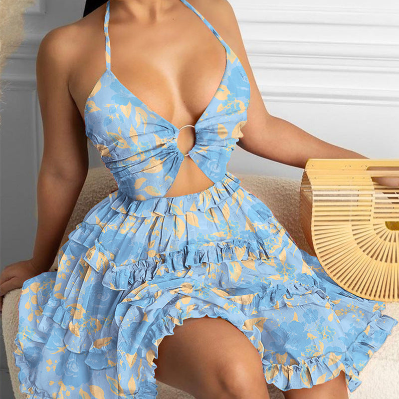 Women Sexy Neck Print Ruffle Edge Dress