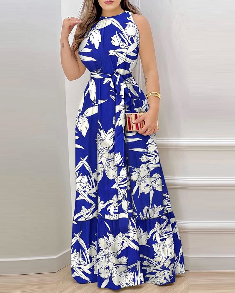 Women's Summer Neck Strap Printed Lotus Leaf Dress Women